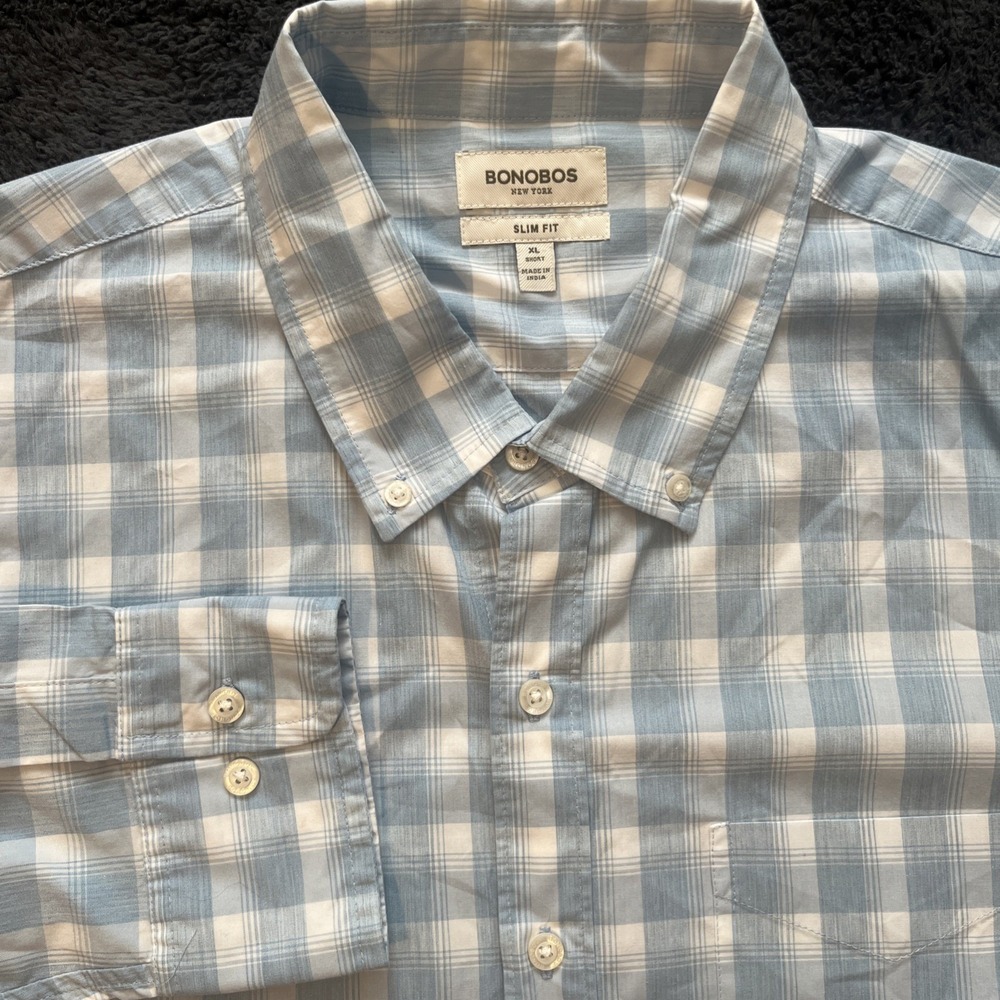 Bonobos Button Down Shirt Mens XL Blue White Plaid Slim Fit Casual Preppy Work